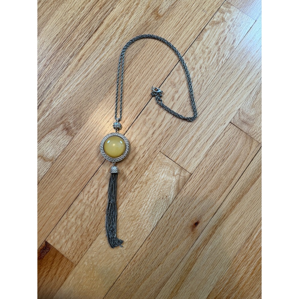 Long Pendant Necklace Yellow Stone Tassel Silver Tone Women Jewelry